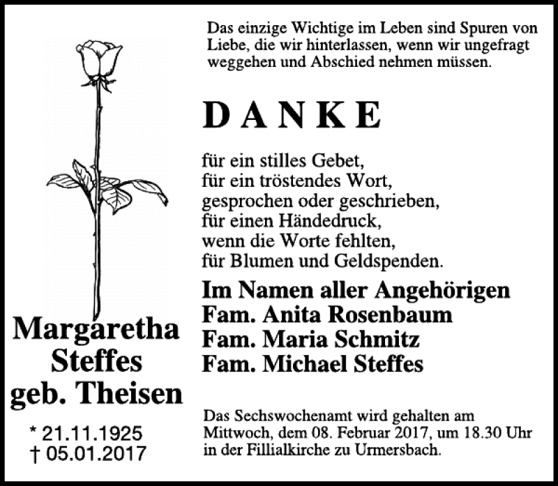  Traueranzeige für Margaretha Steffens vom 25.01.2017 aus WochenSpiegel