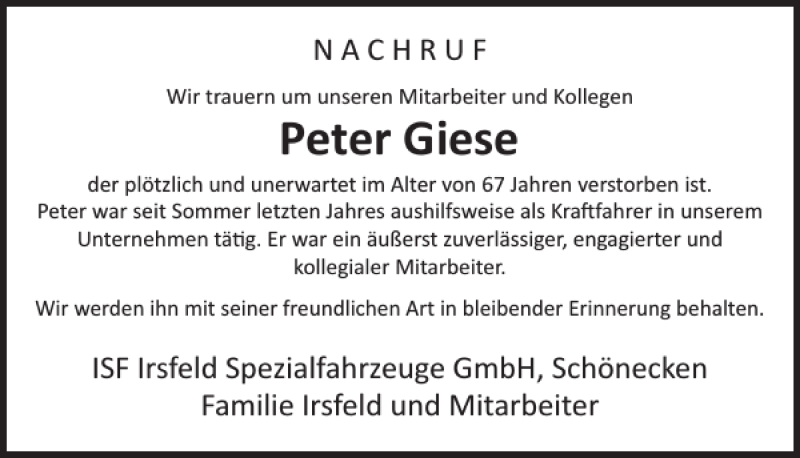  Traueranzeige für Peter Giese vom 27.01.2017 aus WochenSpiegel