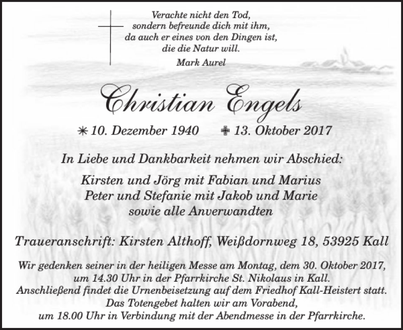  Traueranzeige für Christian Engels vom 25.10.2017 aus WochenSpiegel