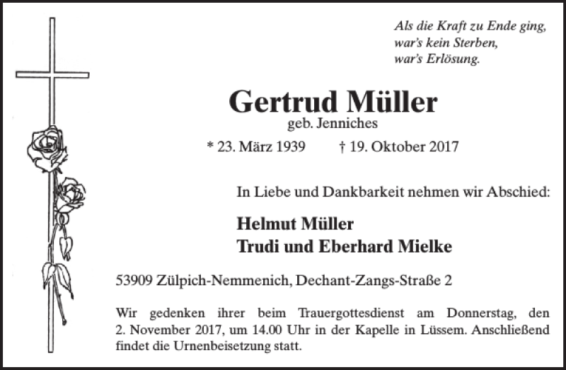  Traueranzeige für Gertrud Müller vom 25.10.2017 aus WochenSpiegel