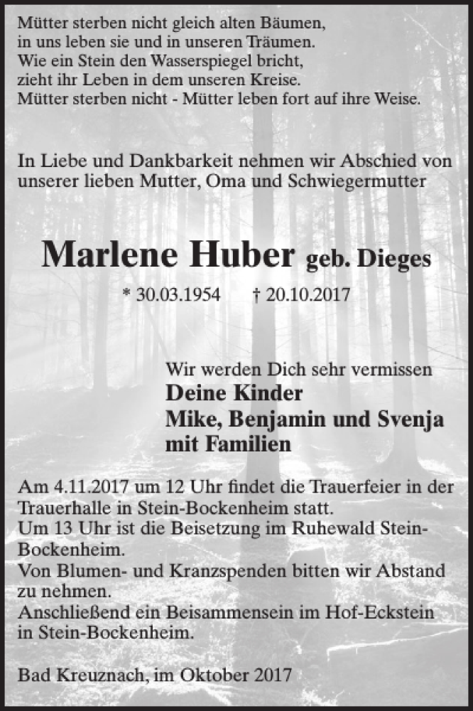  Traueranzeige für Marlene Huber vom 25.10.2017 aus WochenSpiegel