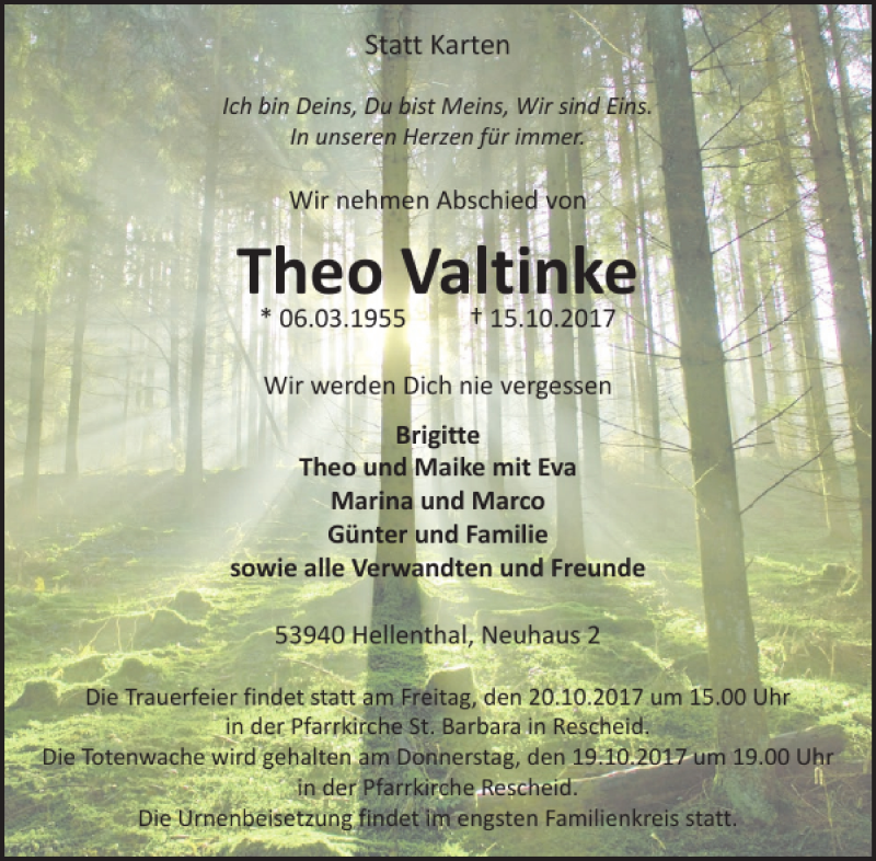  Traueranzeige für Theo Valtinke vom 18.10.2017 aus WochenSpiegel