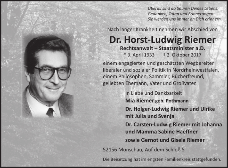  Traueranzeige für Dr. Horst-Ludwig Riemer vom 29.11.2017 aus WochenSpiegel
