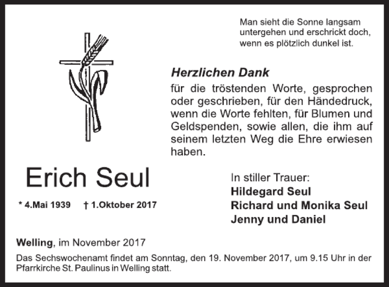  Traueranzeige für Erich Seul vom 15.11.2017 aus WochenSpiegel