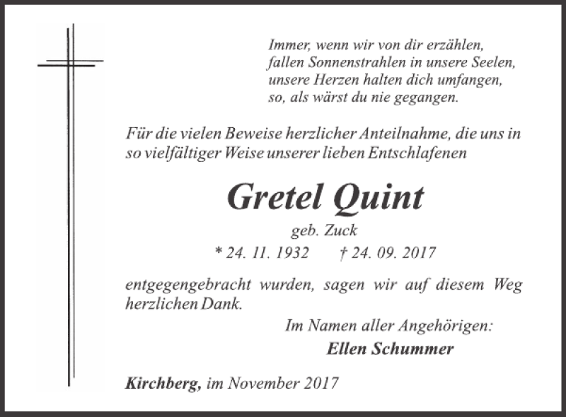  Traueranzeige für Gretel Quint vom 29.11.2017 aus WochenSpiegel