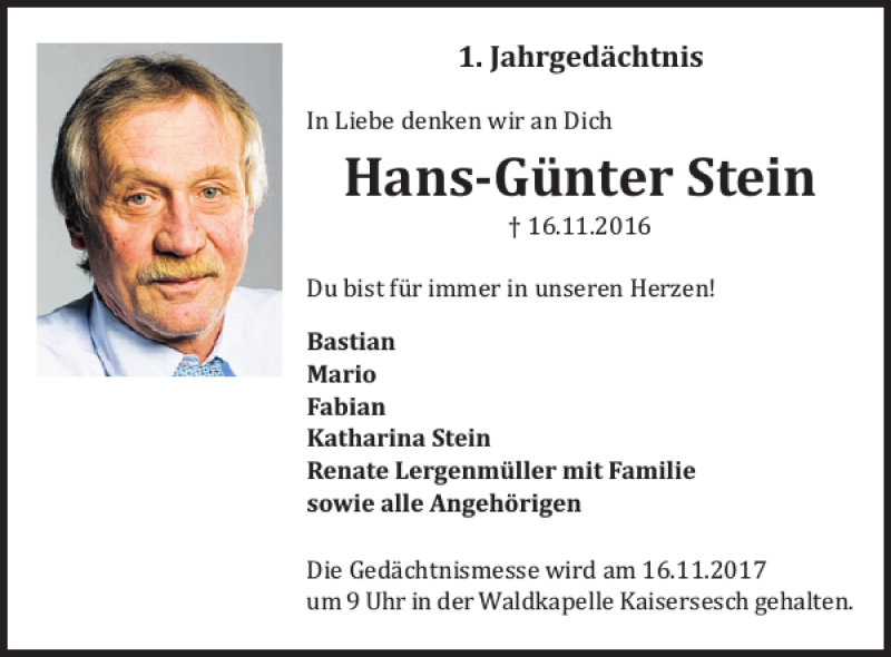  Traueranzeige für Hans-Günter Stein vom 15.11.2017 aus WochenSpiegel