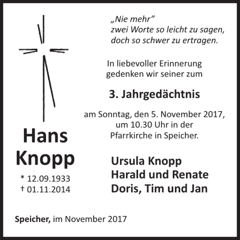  Traueranzeige für Hans Knopp vom 03.11.2017 aus WochenSpiegel