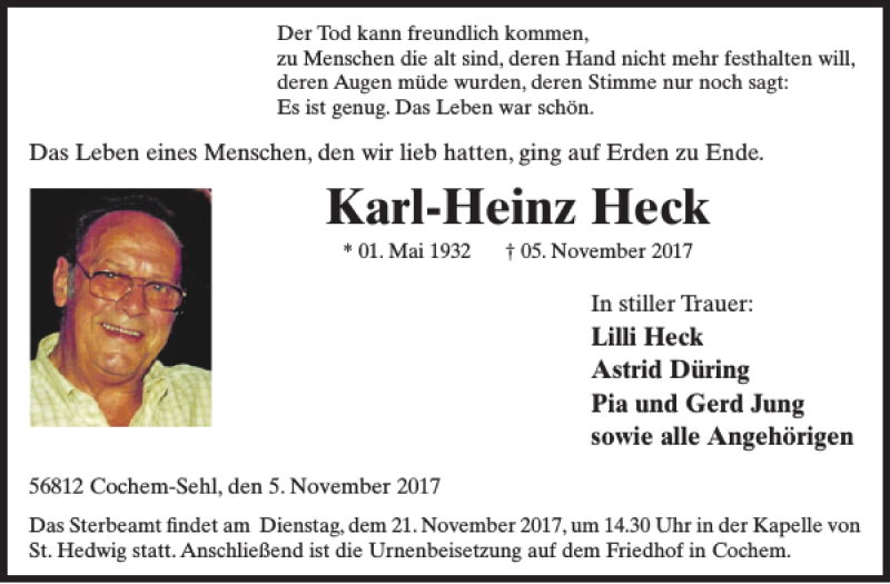  Traueranzeige für Karl-Heinz Heck vom 15.11.2017 aus WochenSpiegel