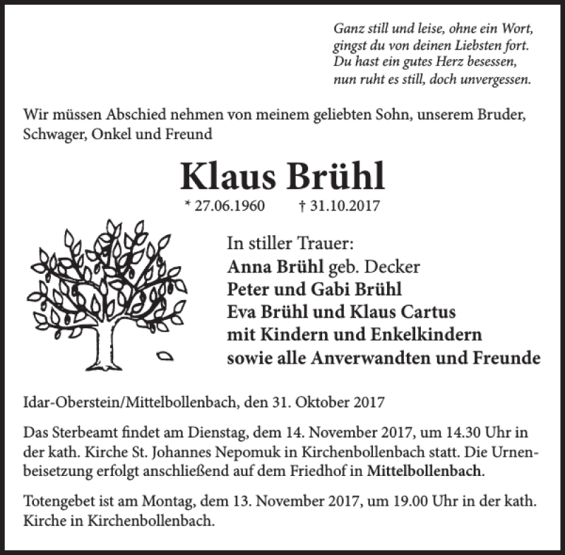  Traueranzeige für Klaus Brühl vom 08.11.2017 aus WochenSpiegel