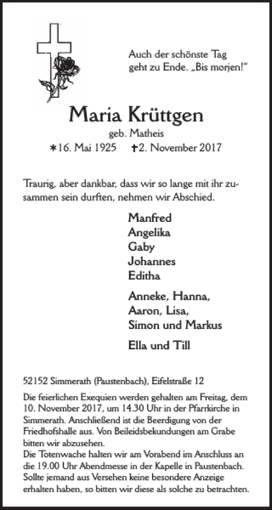  Traueranzeige für Maria Krüttgen vom 08.11.2017 aus WochenSpiegel