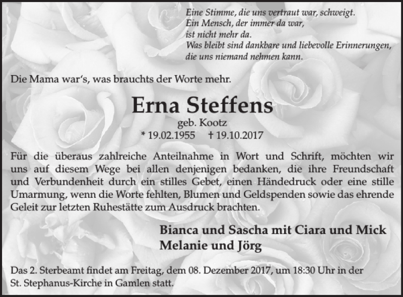  Traueranzeige für Erna Steffens vom 06.12.2017 aus WochenSpiegel