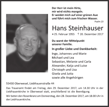 Traueranzeige von Hans Steinhauser von WochenSpiegel