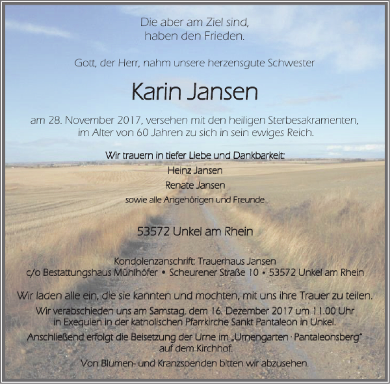  Traueranzeige für Karin Jansen vom 13.12.2017 aus WochenSpiegel