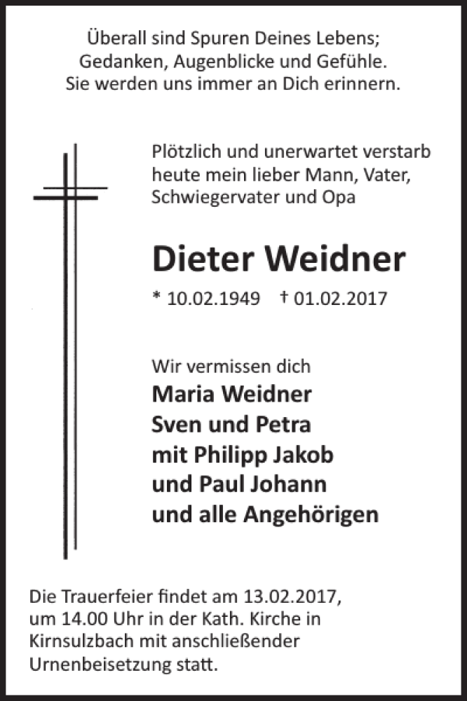  Traueranzeige für Dieter Weidner vom 08.02.2017 aus WochenSpiegel