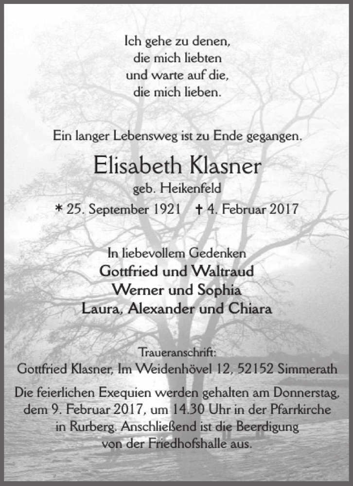  Traueranzeige für Elisabeth Klasner vom 08.02.2017 aus WochenSpiegel