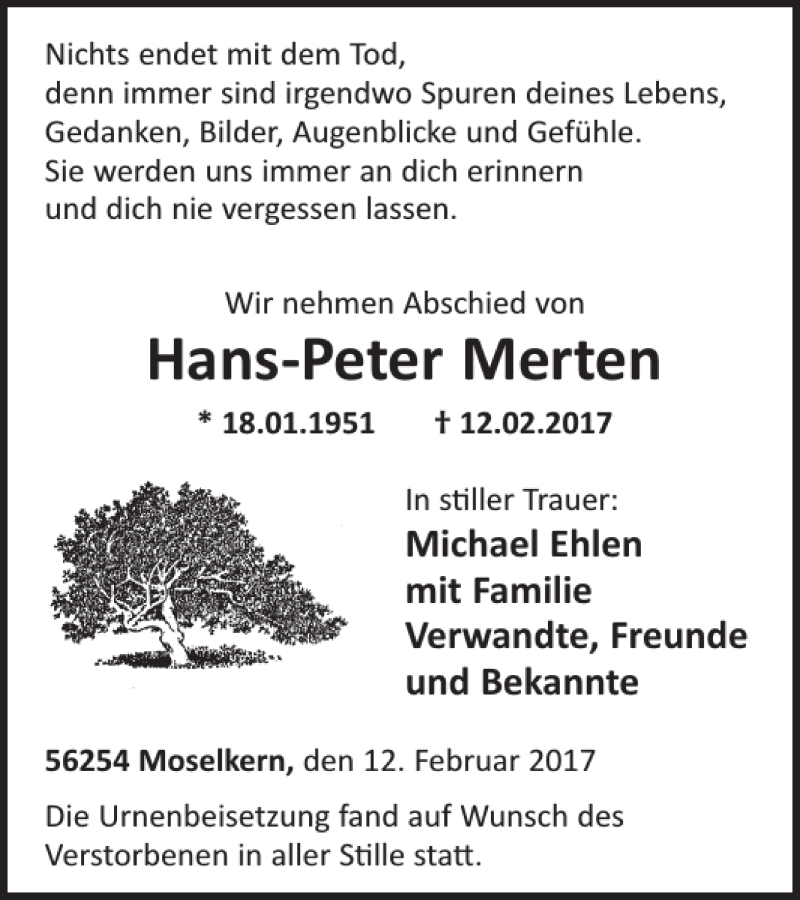  Traueranzeige für Hans-Peter Merten vom 22.02.2017 aus WochenSpiegel