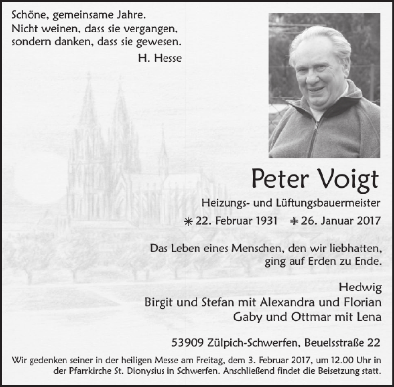  Traueranzeige für Peter Voigt vom 01.02.2017 aus WochenSpiegel