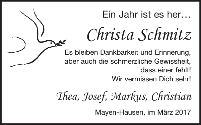  Traueranzeige für Christa Schmitz vom 01.03.2017 aus WochenSpiegel