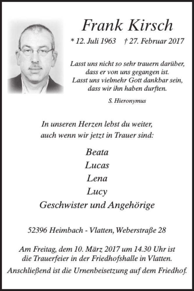  Traueranzeige für Frank Kirsch vom 08.03.2017 aus WochenSpiegel