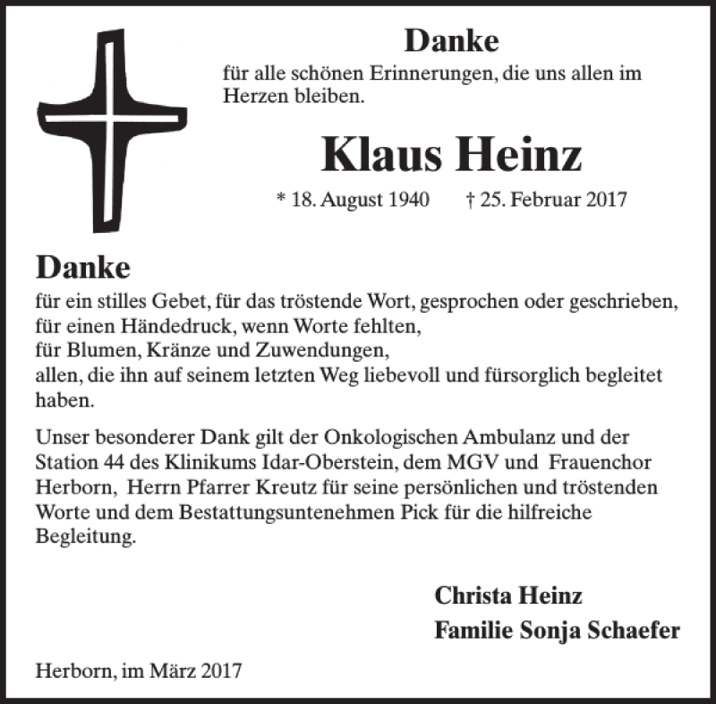  Traueranzeige für Klaus Heinz vom 22.03.2017 aus WochenSpiegel