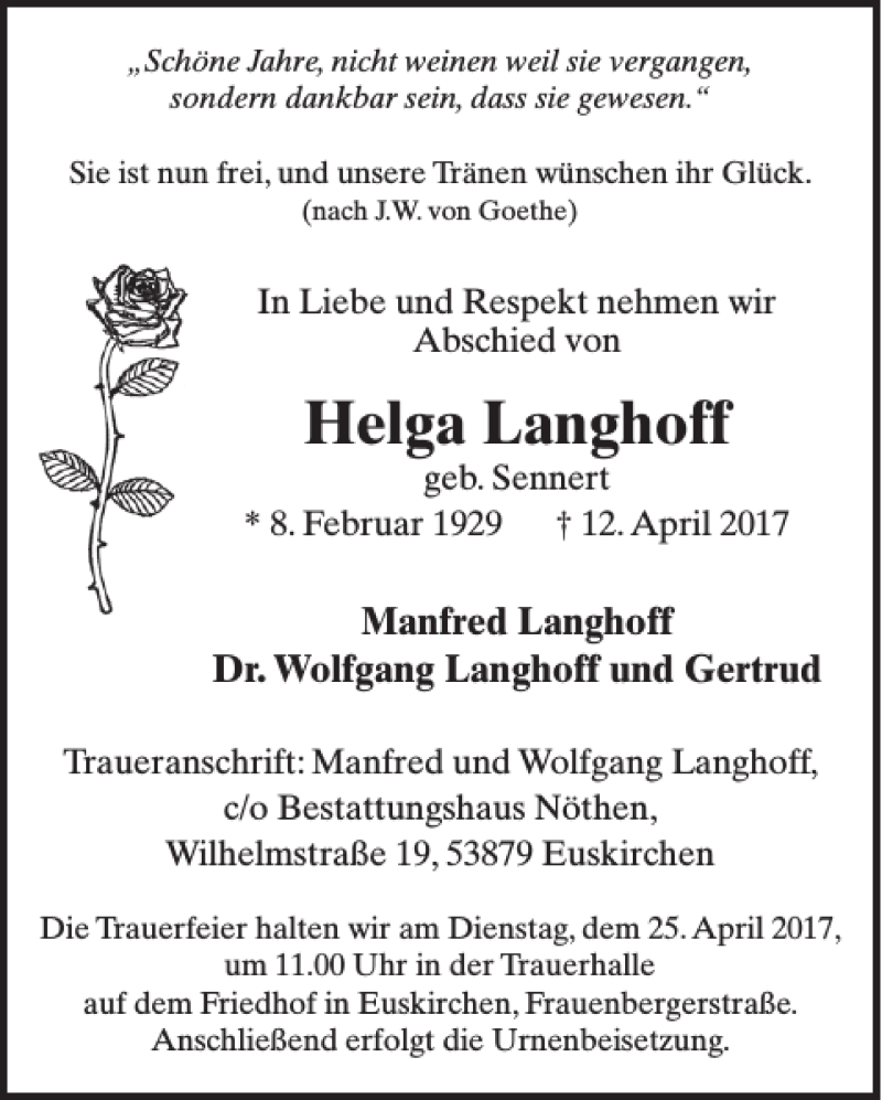  Traueranzeige für Helga Langhoff vom 19.04.2017 aus WochenSpiegel