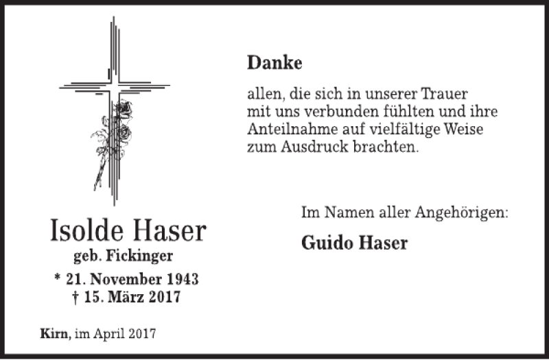  Traueranzeige für Isolde Haser vom 26.04.2017 aus WochenSpiegel
