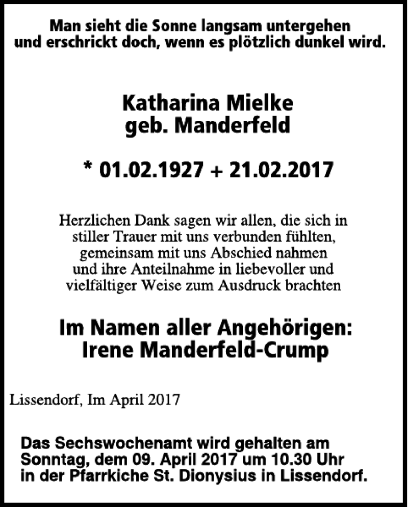  Traueranzeige für Katharina Mielke vom 05.04.2017 aus WochenSpiegel