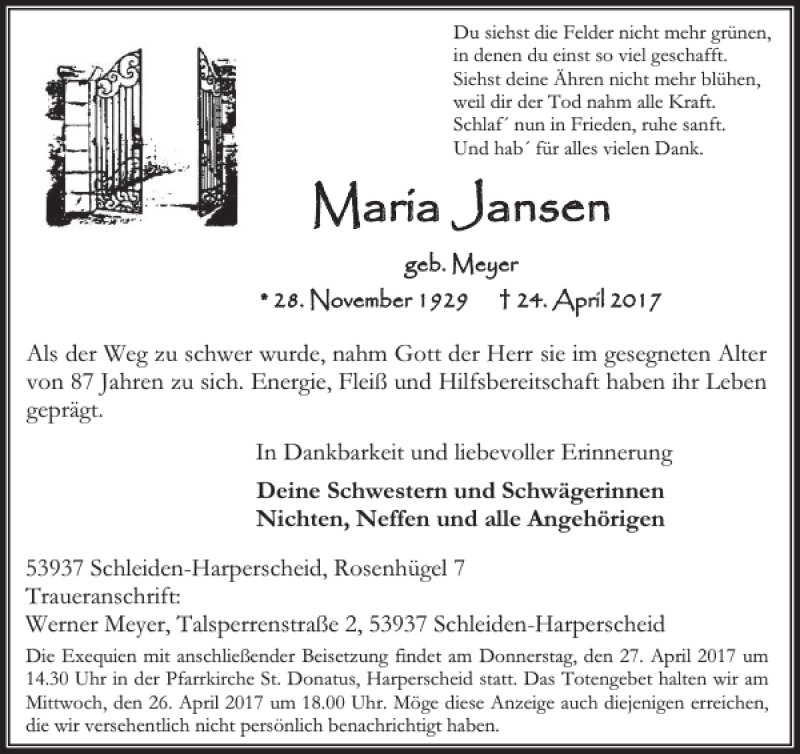  Traueranzeige für Maria Jansen vom 26.04.2017 aus WochenSpiegel