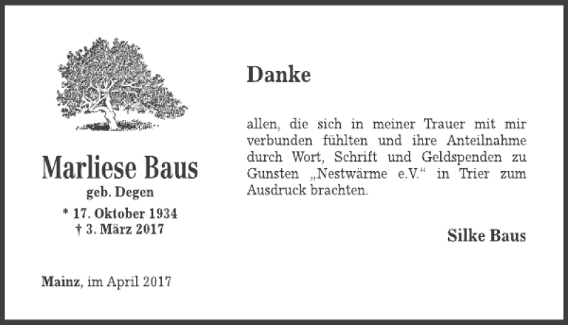  Traueranzeige für Marliese Baus vom 19.04.2017 aus WochenSpiegel