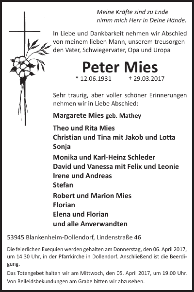  Traueranzeige für Peter Mies vom 05.04.2017 aus WochenSpiegel