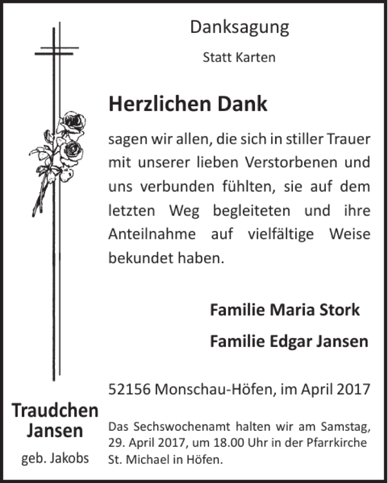  Traueranzeige für Traudchen Jansen vom 19.04.2017 aus WochenSpiegel