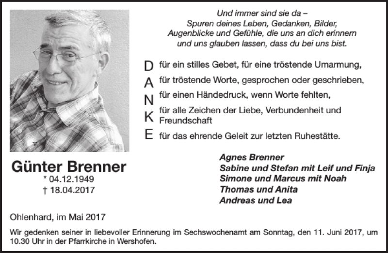  Traueranzeige für Günter Brenner vom 17.05.2017 aus WochenSpiegel