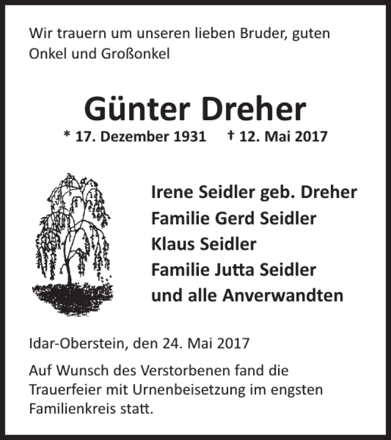  Traueranzeige für Günter Dreher vom 24.05.2017 aus WochenSpiegel