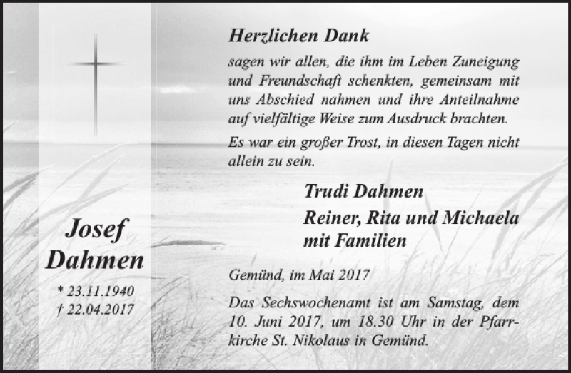  Traueranzeige für Josef Dahmen vom 31.05.2017 aus WochenSpiegel