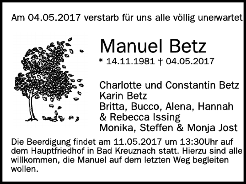 Traueranzeige für Manuel Betz vom 10.05.2017 aus WochenSpiegel