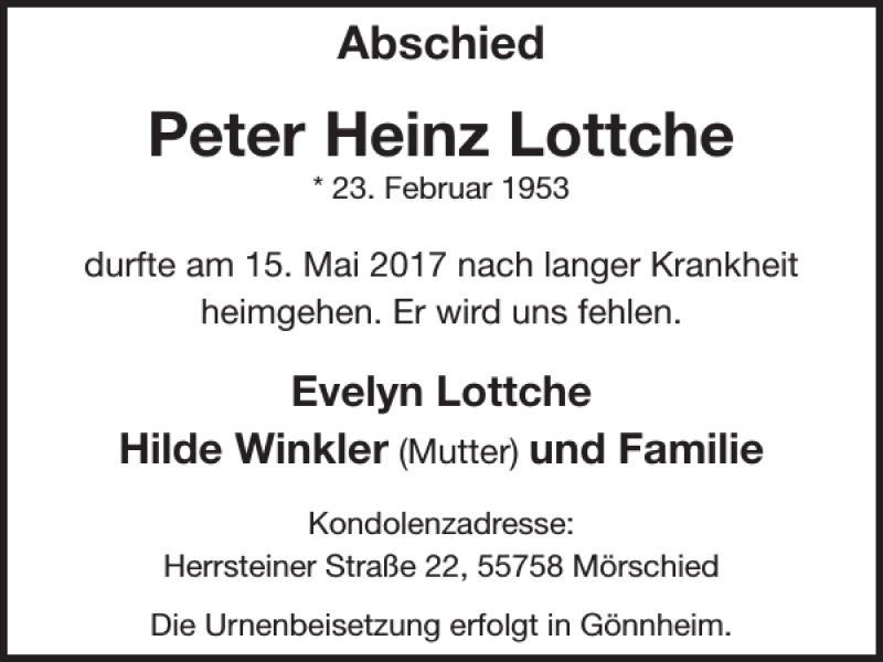  Traueranzeige für Peter Heinz Lottche vom 24.05.2017 aus WochenSpiegel