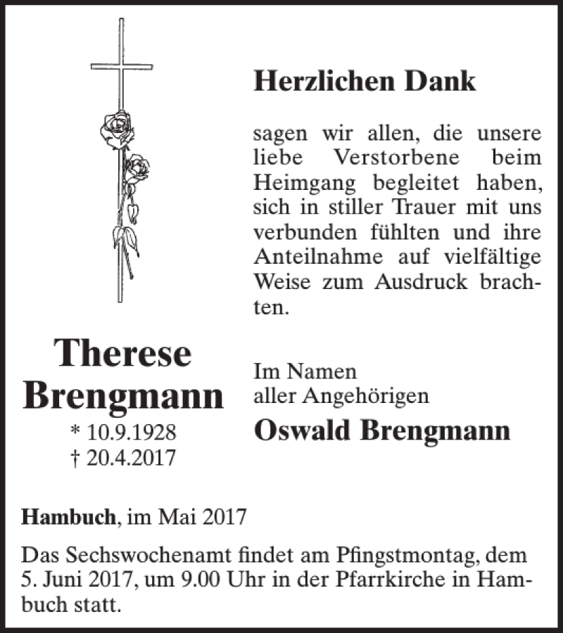  Traueranzeige für Therese Brengmann vom 24.05.2017 aus WochenSpiegel