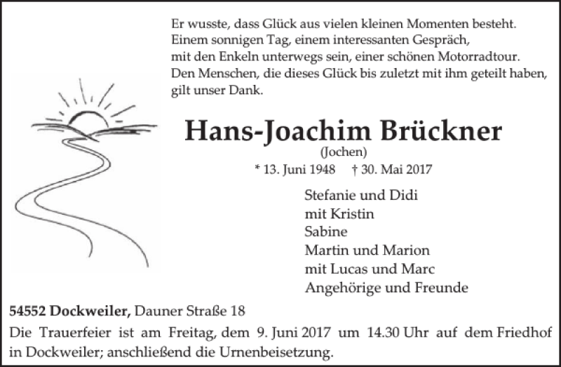  Traueranzeige für Hans-Joachim Brückner vom 07.06.2017 aus WochenSpiegel