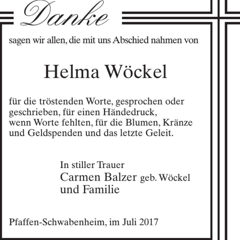 Traueranzeige für Helma Wöckel vom 26.07.2017 aus WochenSpiegel
