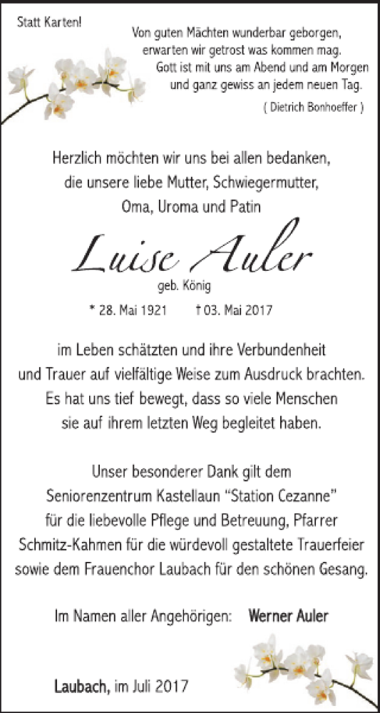  Traueranzeige für Luise Auler vom 05.07.2017 aus WochenSpiegel