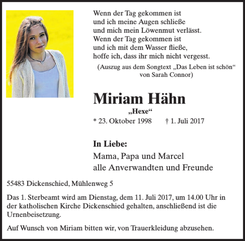  Traueranzeige für Miriam Hähn vom 05.07.2017 aus WochenSpiegel