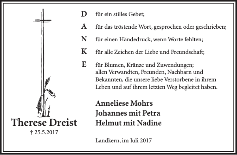  Traueranzeige für Therese Dreist vom 05.07.2017 aus WochenSpiegel