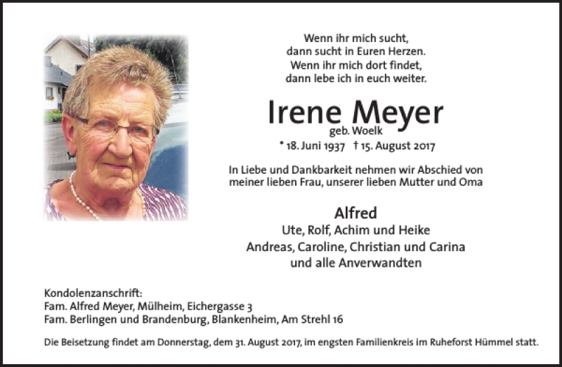  Traueranzeige für Irene Meyer vom 23.08.2017 aus WochenSpiegel