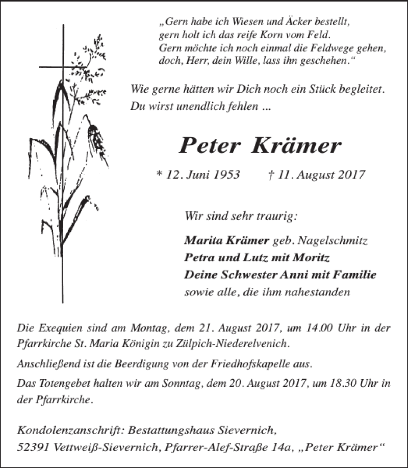  Traueranzeige für Peter Krämer Peter Krämer vom 16.08.2017 aus WochenSpiegel