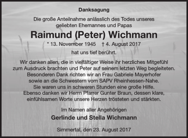  Traueranzeige für Raimund Peter Wichmann vom 23.08.2017 aus WochenSpiegel