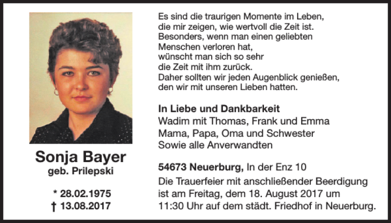  Traueranzeige für Sonja Bayer vom 18.08.2017 aus WochenSpiegel