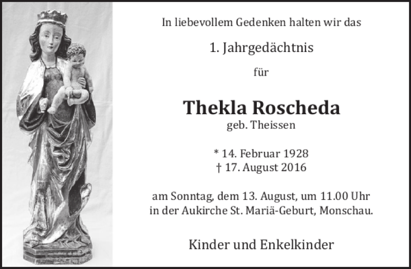  Traueranzeige für Thekla Roscheda vom 02.08.2017 aus WochenSpiegel