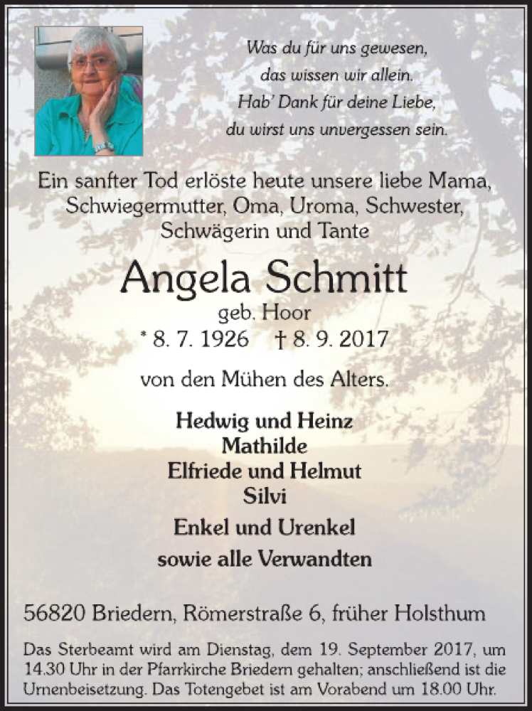  Traueranzeige für Angela Schmitt vom 13.09.2017 aus WochenSpiegel