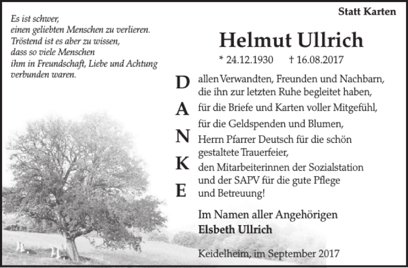  Traueranzeige für Helmut Ullrich vom 20.09.2017 aus WochenSpiegel