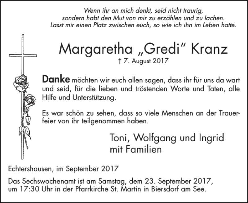  Traueranzeige für Margaretha Gredi vom 15.09.2017 aus WochenSpiegel